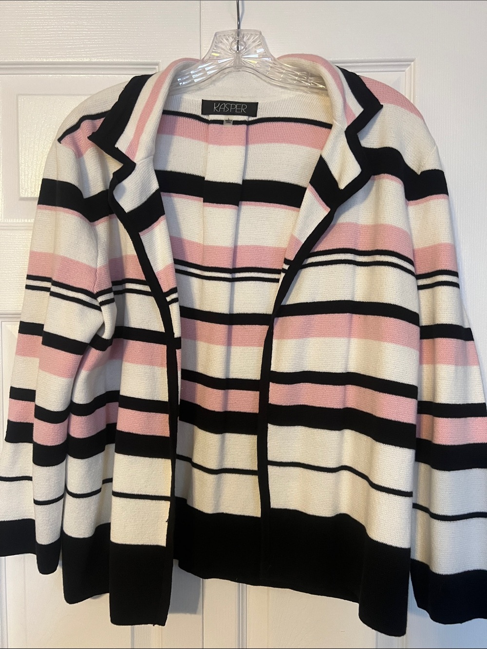 Kasper Pink, Black & White Striped Open-Front Cardigan